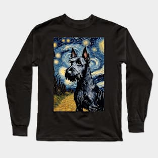 Cute Scottish Terrier Dog Breed Painting in a Van Gogh Starry Night Art Style Long Sleeve T-Shirt